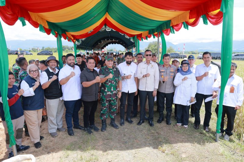 Bupati Aceh Besar Muharram Idris mendampingi Gubernur Aceh Muzakkir Manaf saat panen raya serentak Nasional di Gampong Lam Carak, Seulimeum, Senin (07/04/2025).