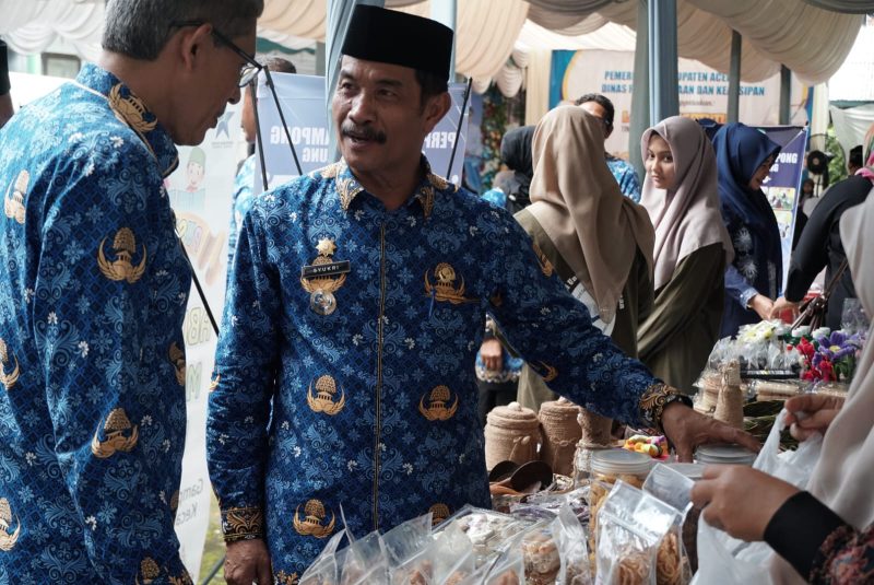 Wakil Bupati Aceh Besar Drs Syukri meninjau hasil karya masyarakat pada Bazar Literasi di halaman Disperpusip Aceh Besar, Kota Jantho, Selasa (20/05/2025). 